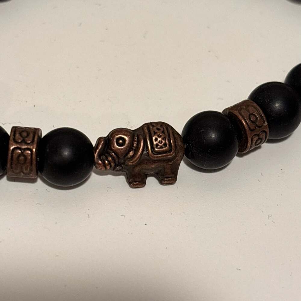 Matte Black Boho Bead Elephant Charm Stretch Bracelet